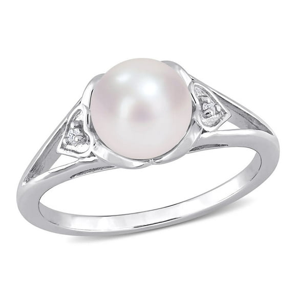 AMOUR 7-7.5mm Freshwater Cultured Pearl and Diamond Accent Split-shank Ring In Sterling Silver