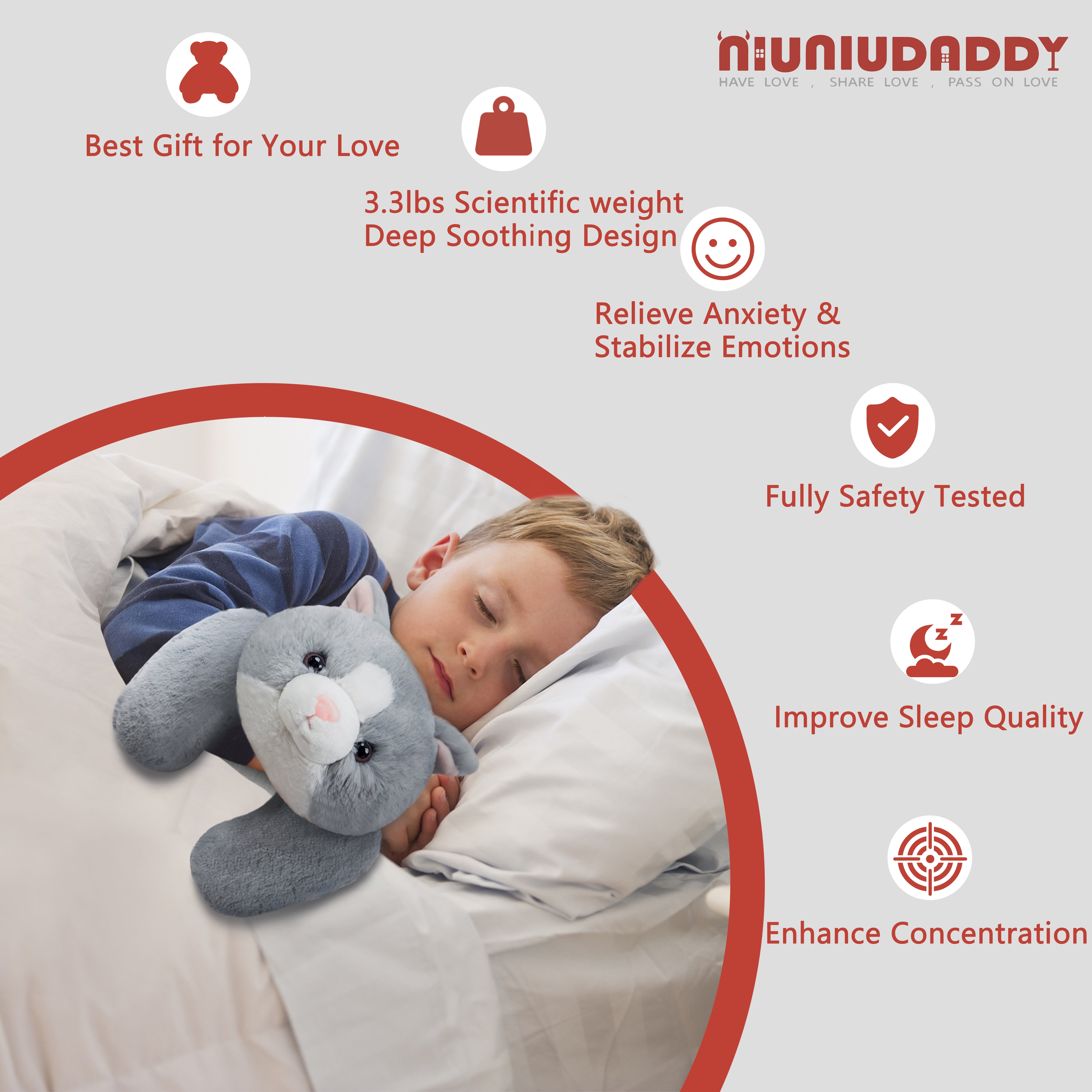 Niuniu Daddy Weighted Cat stuffed animal,20" Giant Anxiety Grey Stuffed Cat Plush Toy,3.3-Pound Sensory Large Cat plushie Pillow Birthday Christmas Gift for Girls,Boys&Adults, Include Bag Sticker Car