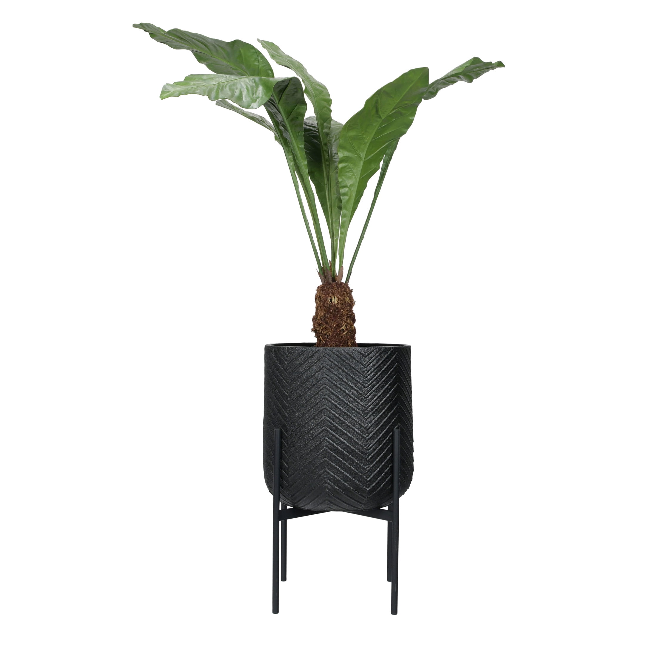 Bloomingville Round Metal Planter with Chevron Pattern on Stand, Black