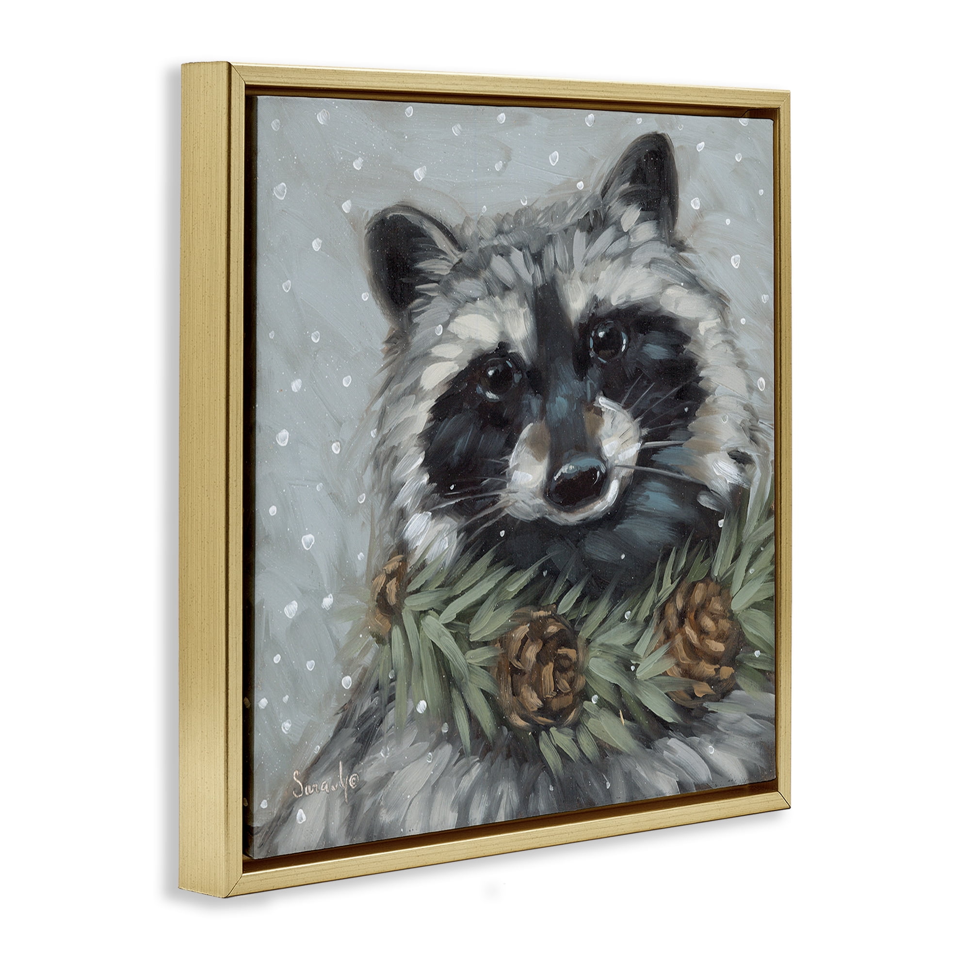 Stupell Industries Raccoon with Pinecones Holiday Painting Gold Floater Framed Canvas Art Prints Wall Art, 18 x 18