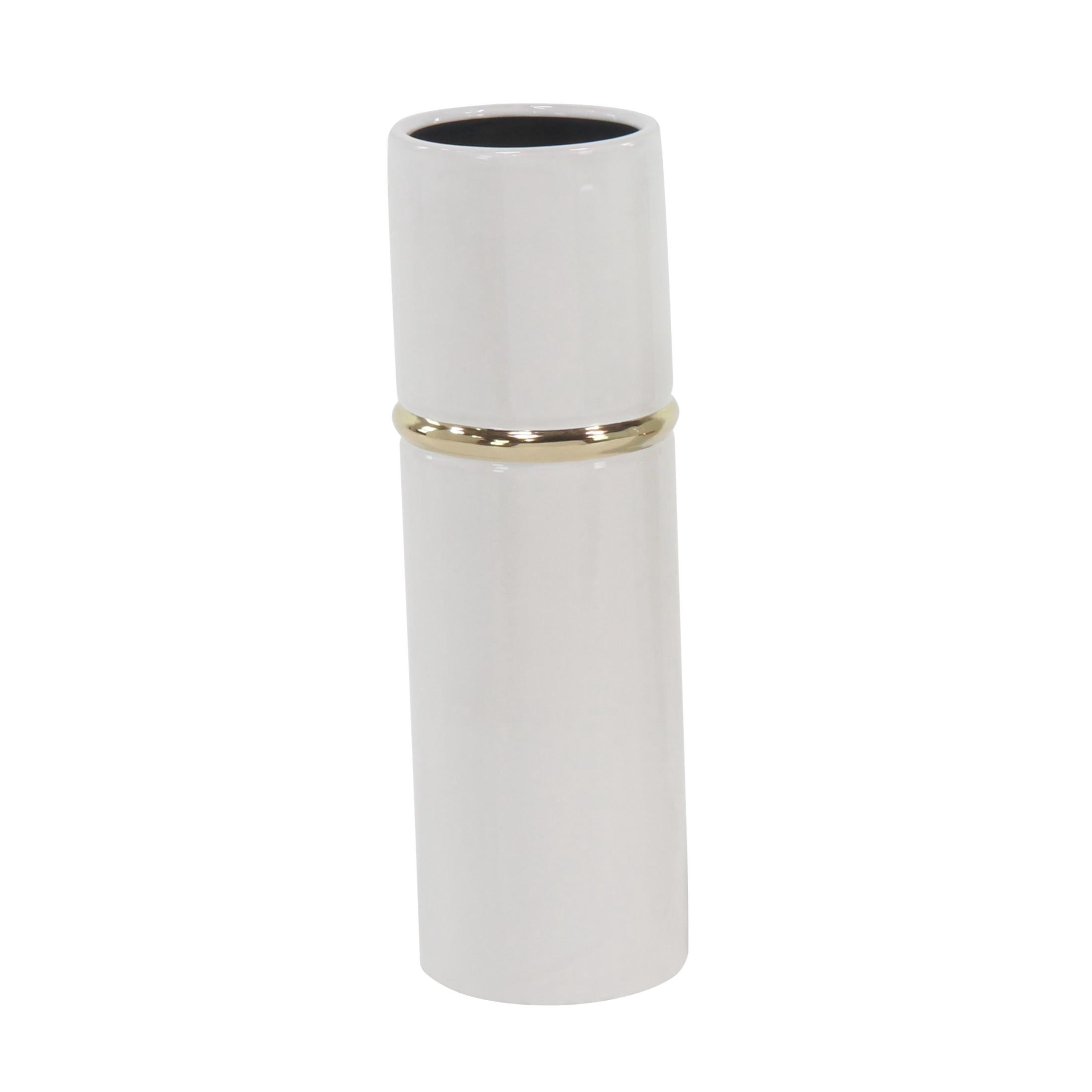 DecMode 12", 14", 16"H White Ceramic Vase with Gold Accents, Set of 3
