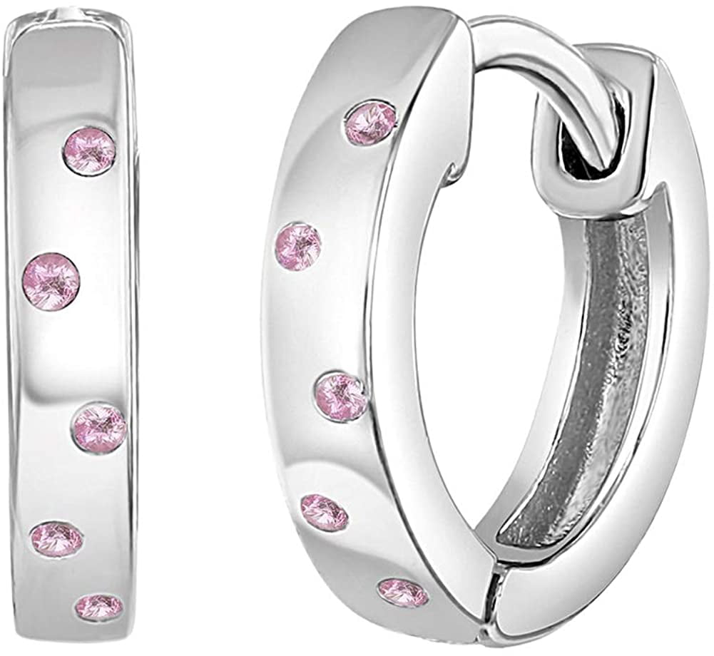 925 Sterling Silver Pink CZ Dots Huggie Hoop Earrings for Girls or Teens 