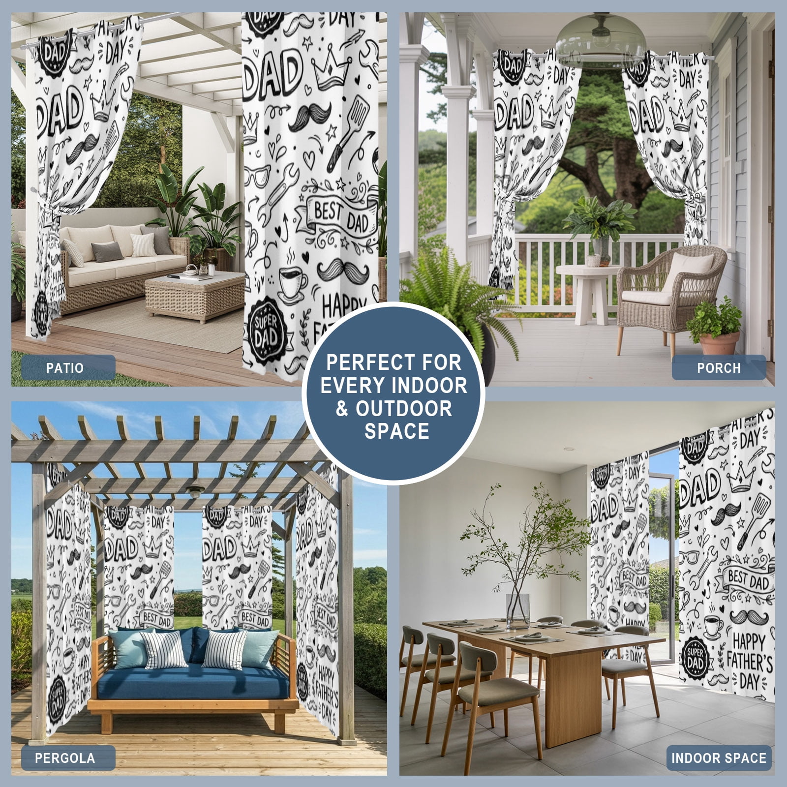 Father's Day Outdoor Curtains for Patio, Beard Baseball Football Tool Cartoon Sunshade Privacy Drapes Grommet Waterproof Outside Curtains for Porch/Cabana/Balcony 54"x 108", 1 Panel