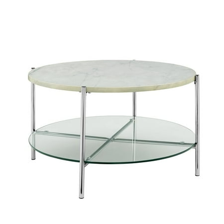 32 Inch Round Coffee Table With White Faux Marble Top And Gl 32 Inch Round Coffee Table With White Faux Marble Top And Gl Shelf