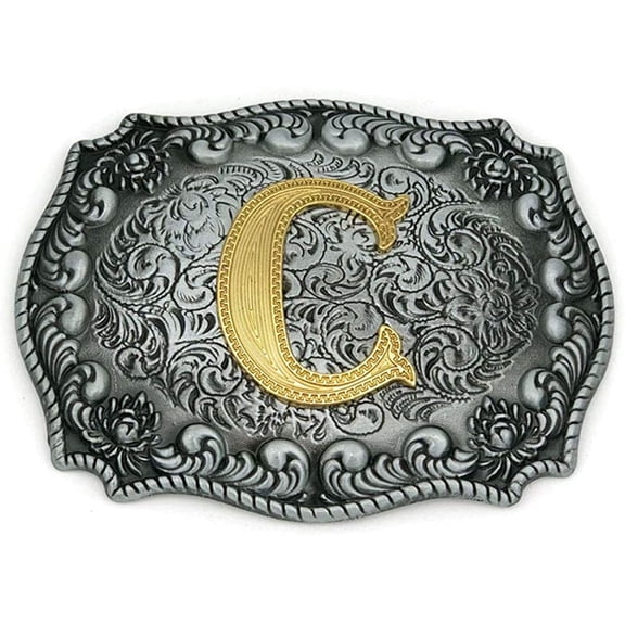 Western Belt Buckle Initial Letters ABCDEFG to Y-Cowboy Rodeo Silver Large Belt Buckle for Men and Women