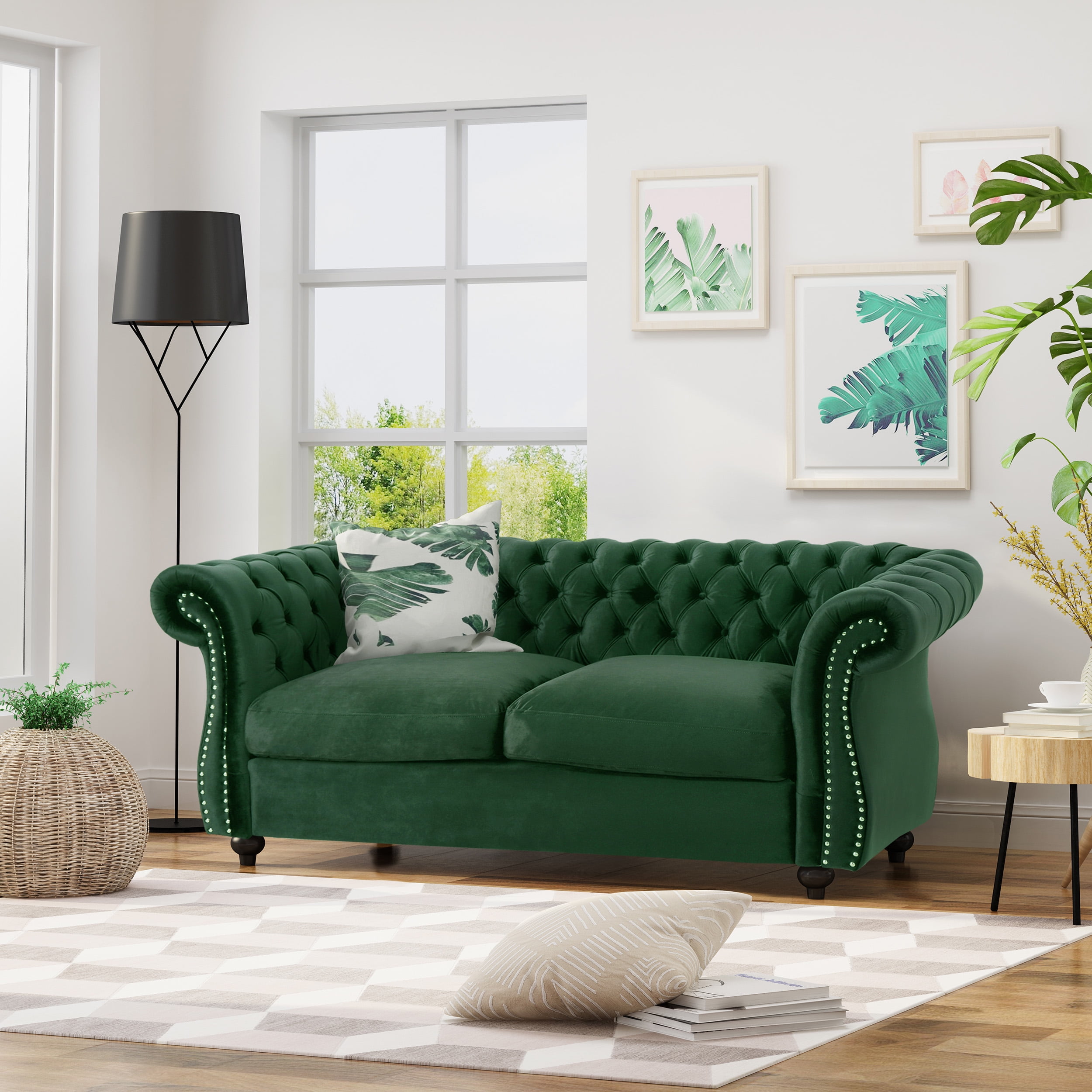 GDF Studio Karen Traditional Chesterfield New Velvet Loveseat Sofa, Emerald and Espresso