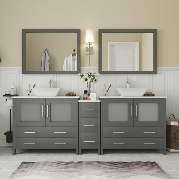 Vanity Art 84 in. W Double Sink Bathroom Vanity with Engineered Marble Top and Two Free Mirrors