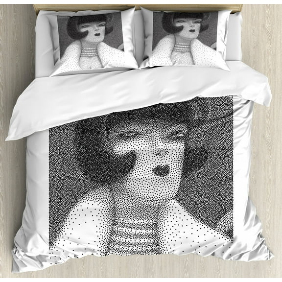 Retro Queen Size Duvet Cover Set, Halftone Pattern Dotted Black and White Portrait of Bob Haired Posh Lady, Decorative 3 Piece Bedding Set with 2 Pillow Shams, Black Grey and White, by Ambesonne