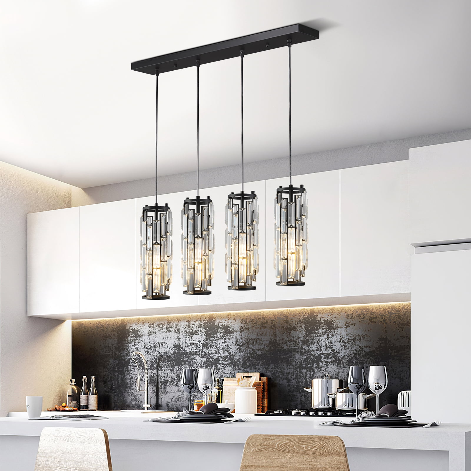 Mini Crystal Chandeliers Adjustable Pendant Light Modern Black Pendant Light Fixture for Living Room, Dinning Room, Kitchen Island and Bedroom(4-light)