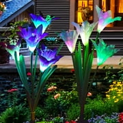 Outdoor Solar Garden Stake Lights - 2 Pack Solar Powered Lights with 8 Lily Flower, Multi-color Changing LED Solar Stake Lights for Garden, Patio, Backyard (Purple and White)