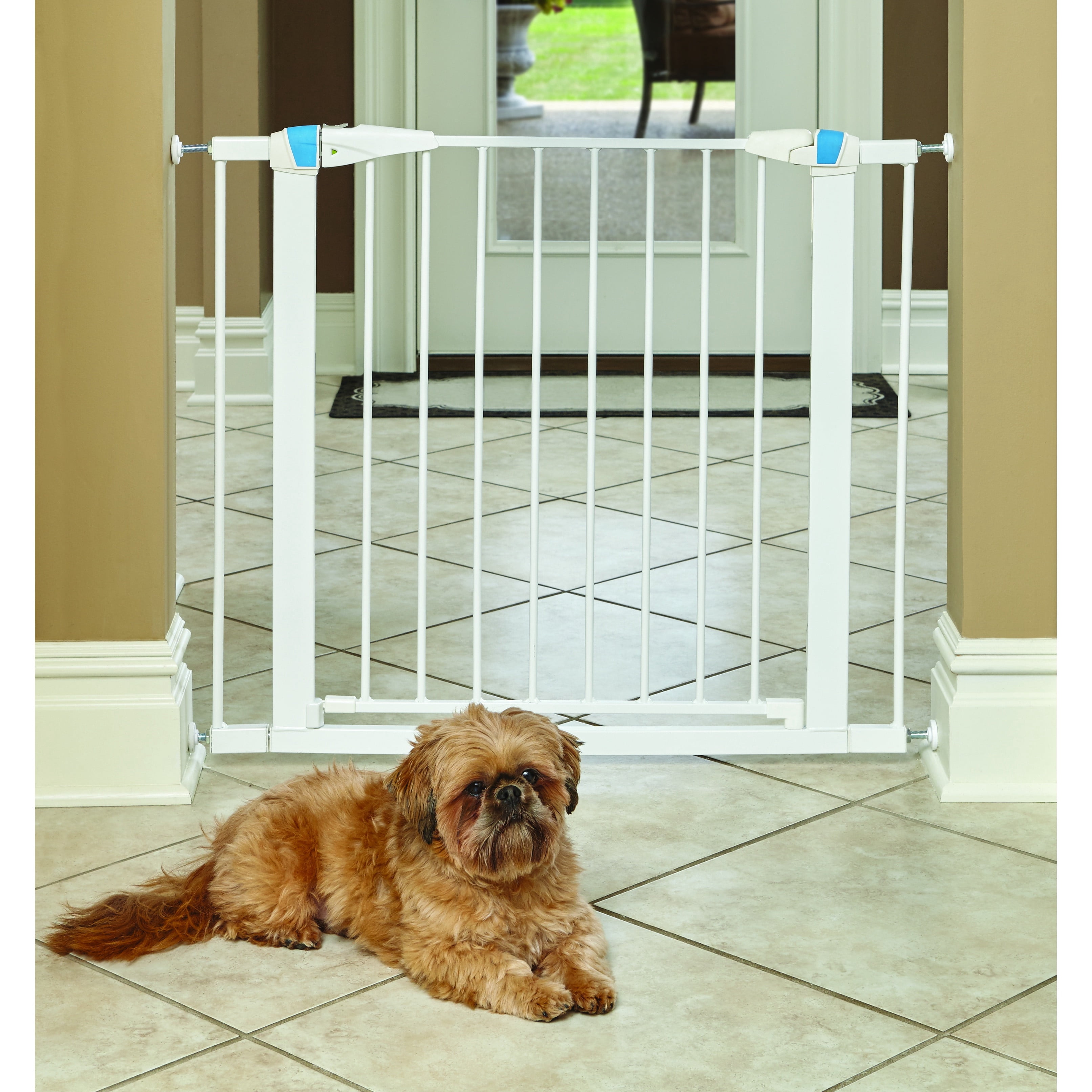 MidWest Homes for Pets 29 Inches Tall Walk-Though Steel Pet Gate, Pressure Mounted Dog Gate with Glow Strip Measures 29H x 29.5-38W Inches & Includes Two 3-Inch-Wide Extensions, White