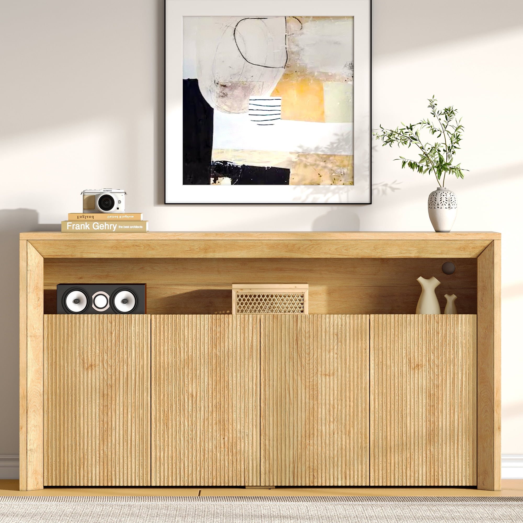 Einhomn TV Stand for TVs up to 85 Inch,Wood Entertainment Center with Open & Adjustable Storage,Mid Century Modern TV Media Console with LED Lights for Living Room,Bedroom,Oak