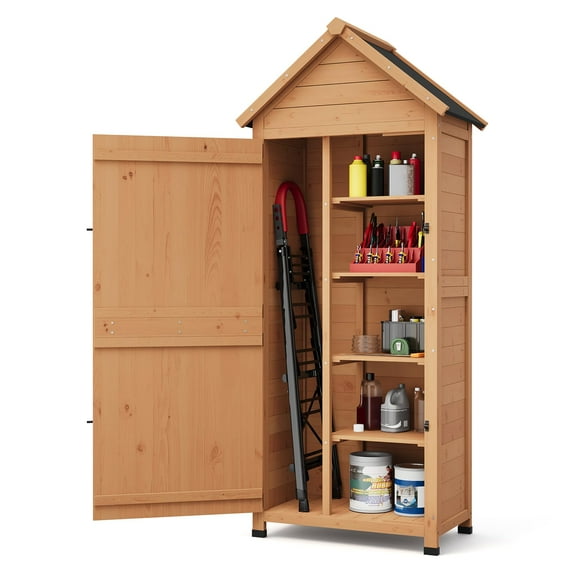 Garvee Small Wood Shed Waterproof, Vertical Outdoor Storage Cabinet with 4 Shelves & Lockable Door, Space-Saving Garden Tool Shed for Patio, Yard, Lawn
