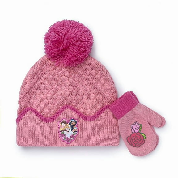 Disney Princess Girl's 2-piece Pom-Pom Hat & Mittens Set, Acrylic, Winter