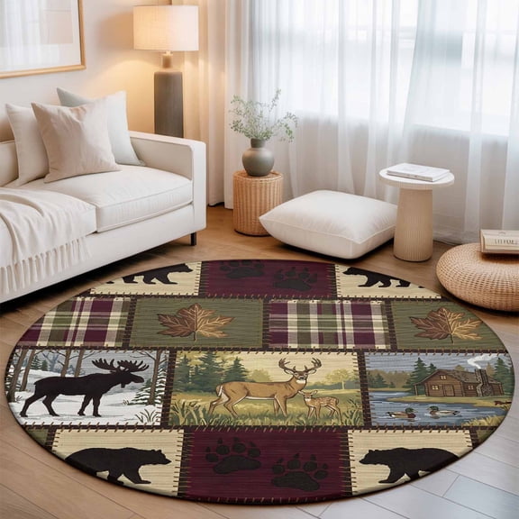 Boho Bear Deer Washable Round Area Rug 4 ft, Rustic Cabin Country Forest Mountain Leaf, Soft Non Slip Rugs Stain Repellent Indoor Felt Carpet for Living Dining Room Bedroom Home Office