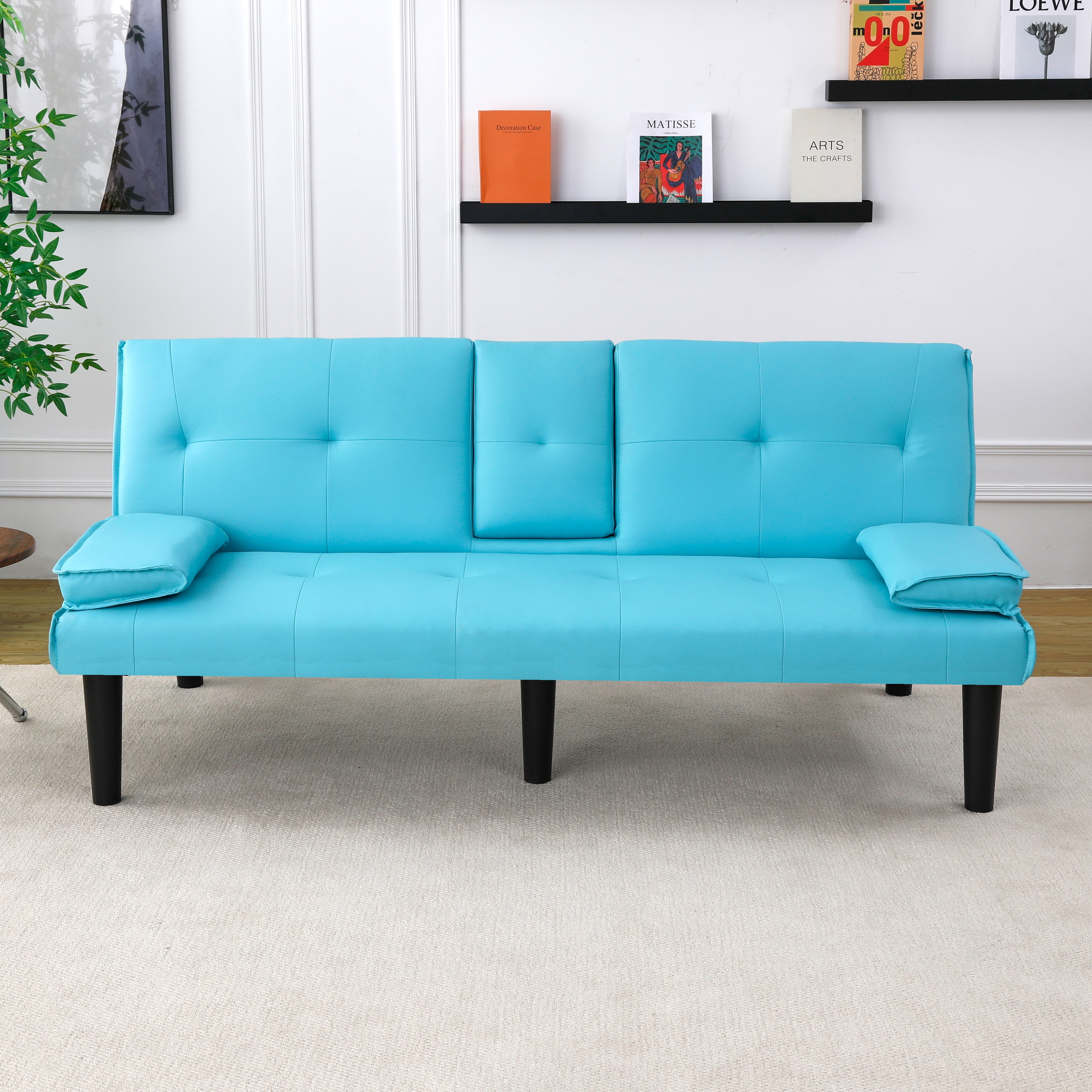 BSHTI 67-inch Foldable Futon Sleeper with S-Spring Support, 2-Seater Convertible Sofa Bed, PVC Faux Leather, Simple Assembly, Blue
