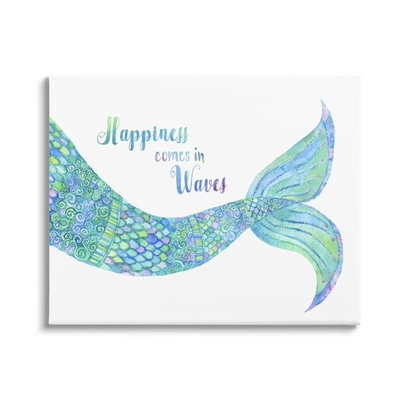 Stupell Industries Happiness Comes in Waves Detailed Mermaid Tail Sentiment Painting Gallery Wrapped Canvas Print Wall Art, Design by Jackie Decker