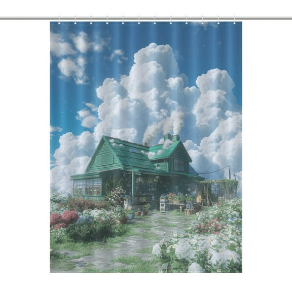 Fairy Tale Cabin Balloon Shower Curtain , Enchanted Forest Scenic Bathroom Decor Sets, Waterproof Fabric with Hooks