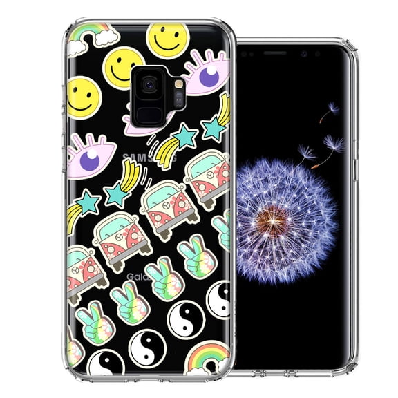 MUNDAZE For Samsung Galaxy S9 70's Yin Yang Hippie Happy Peace Stars Design Double Layer Phone Case Cover