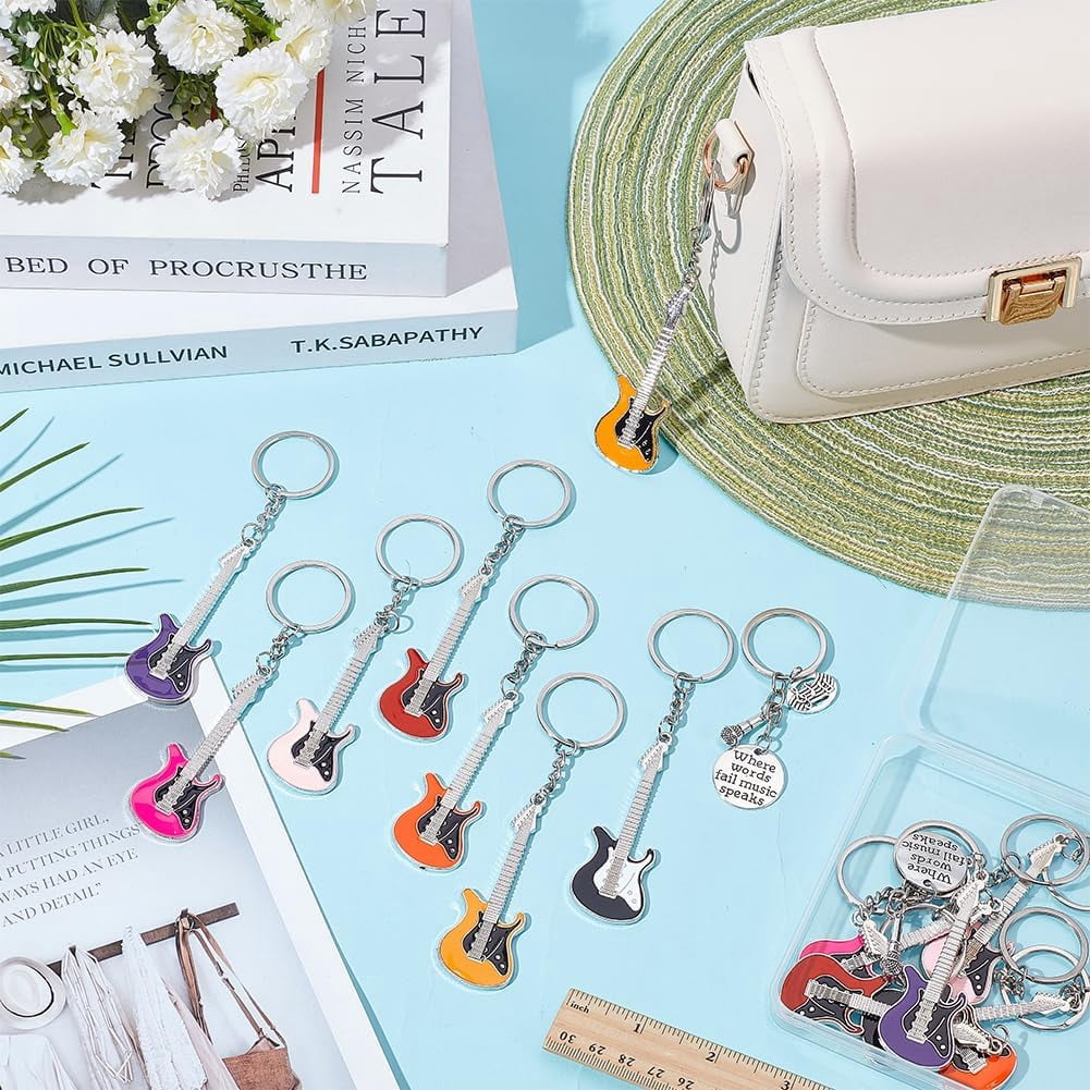 16 Pcs Music Guitar Keychain Punk Aesthetic Keychain Microphone Electric Guitar Key Ring Creative Musical Instrument Pendant for Key Decoration Music Lovers Party Birthday Party Favors