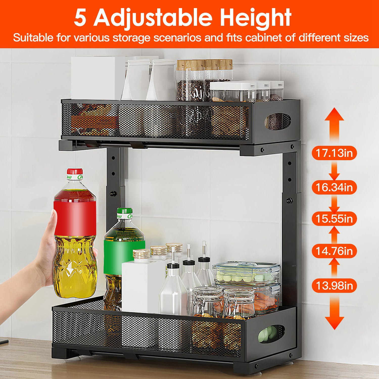 Moclever 2Pcs Under Sink Organizer, 2 Tier Pull Out Cabinet Organizer with 5 Adjustable Height Mesh Baskets for Kitchen Bathroom Office, Black