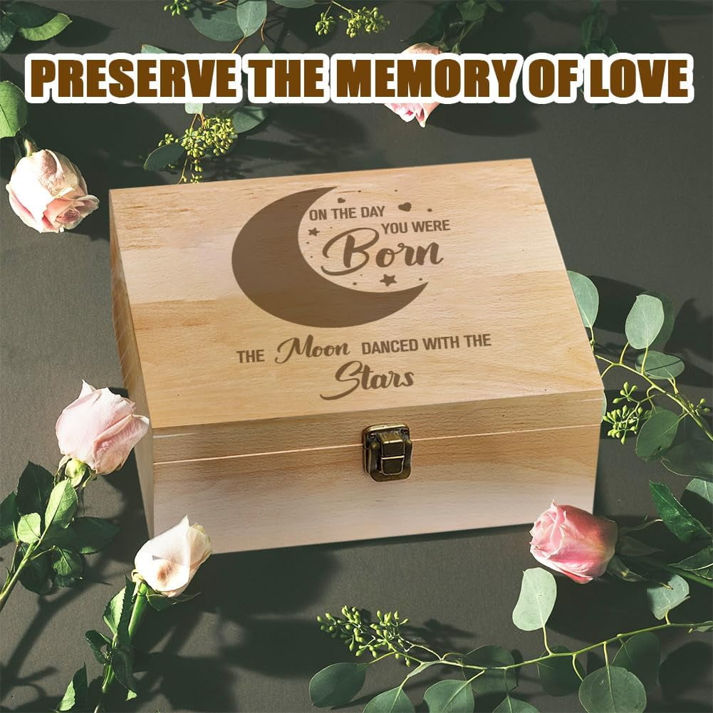 1 Pc Wooden Memory Keepsake Box Moon Pattern Souvenir Box with Hinged Lids for Newborn Storage Box Keepsake to Store Photos Letters and Valuables 9.6x7.6x4inch