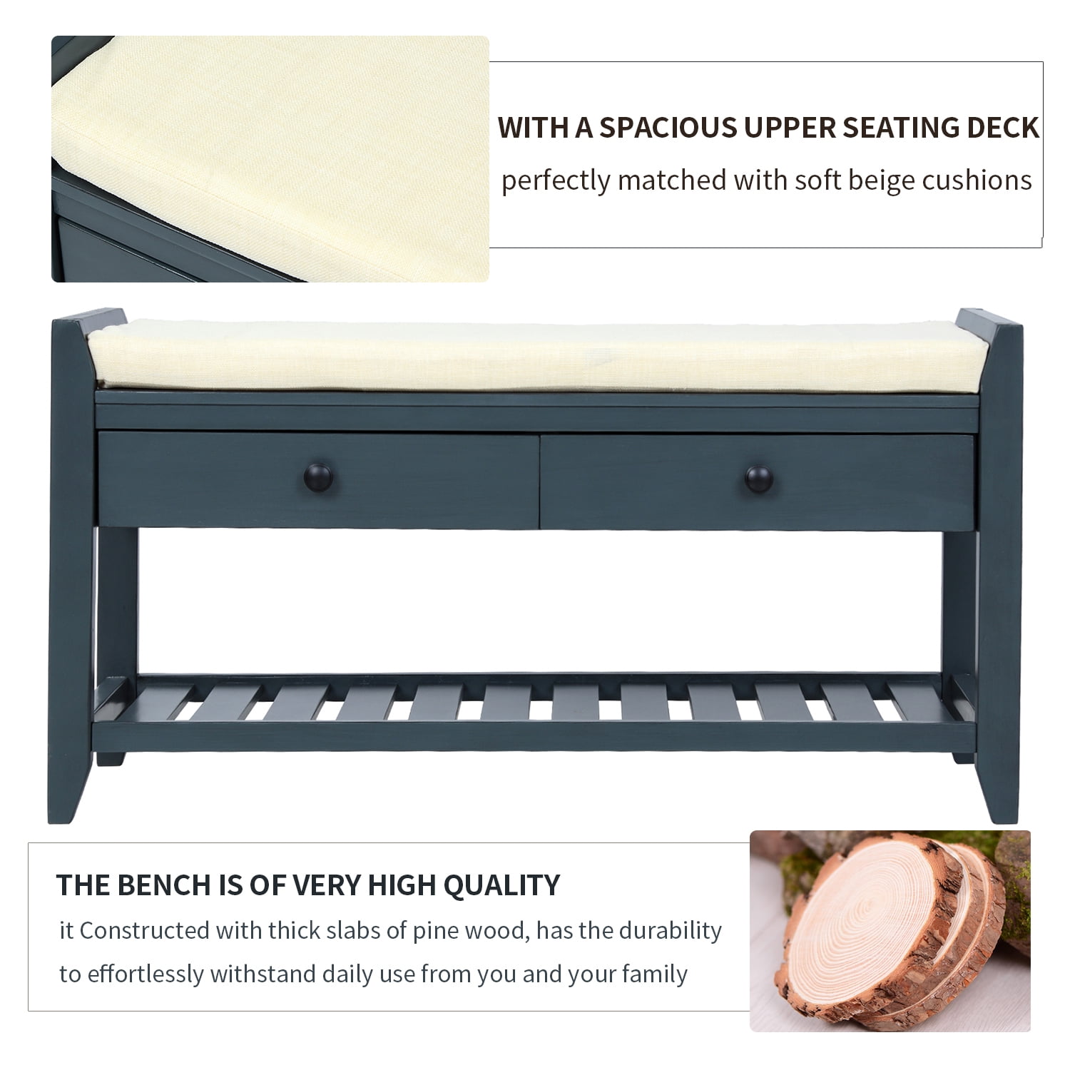 Harper & Bright Designs Shoe Rack with Cushioned Seat and Drawers, Multipurpose Entryway Storage Bench, Antique Navy