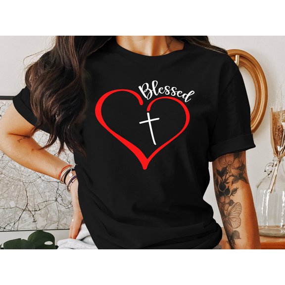 Blessed Heart Gift for Religious Men Women Kids Boys Girls T-Shirt Red Love Heart Blessed Birthday Holiday Presents Men Women Kids Tshirt