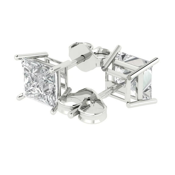 3 Ct Princess Cut Studs Clear Moissanite 14K White Solid Solid Gold Everyday Dainty Earrings Push Back