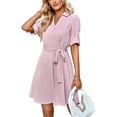 thumbnail image 1 of Vestido de mujer con cuello en V, cuello vuelto, media manga, lazo en la cintura, Color puro, vestido informal para mujer con bolsillo para primavera y verano, 1 of 8