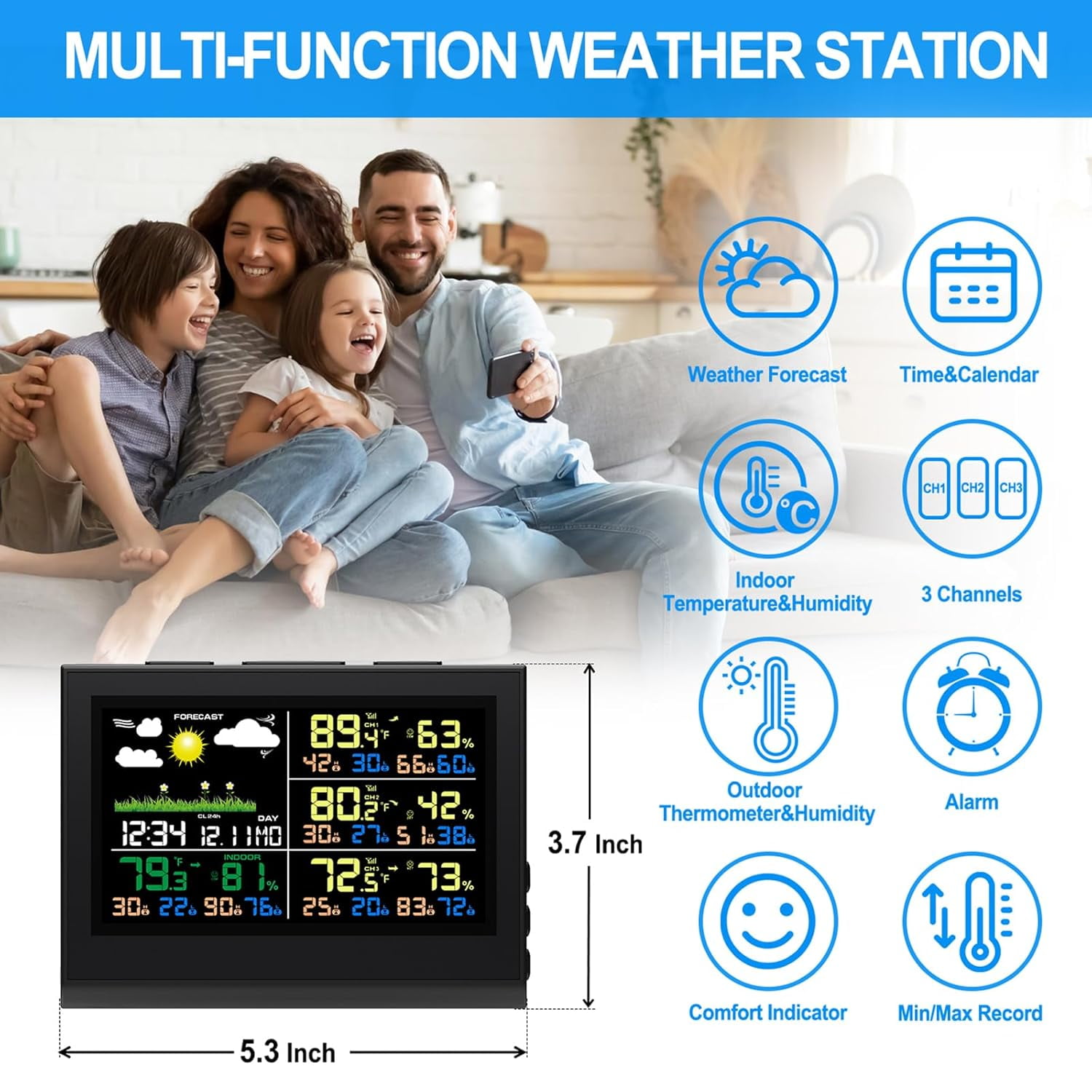 Indoor Outdoor Thermometer Wireless, Color Display Weather Stations with Multiple Sensors, Indoor Outdoor Thermometer Hygrometer for House with Min/Max Record, Weather Forecast, Alarm Clock