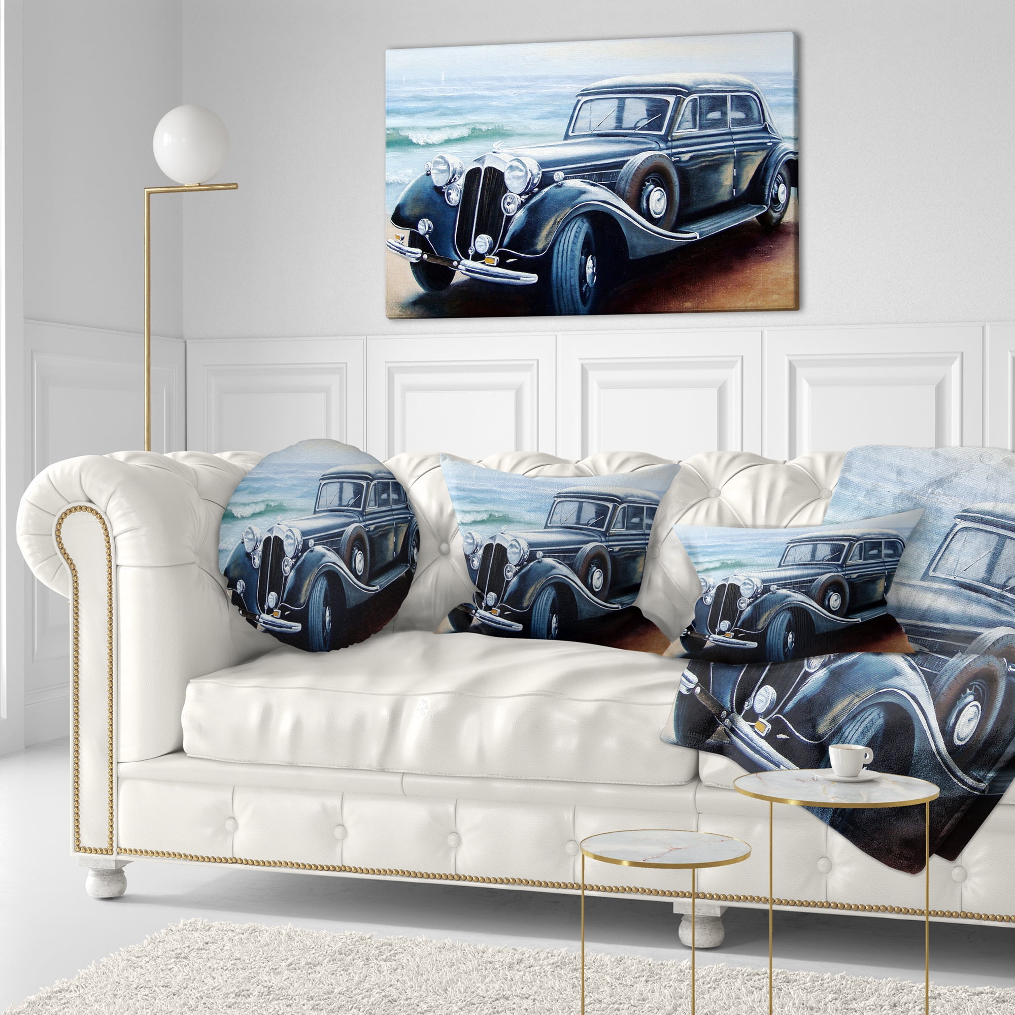 Designart Retro Car on Sea Shore - Car Throw Pillow - 12x20