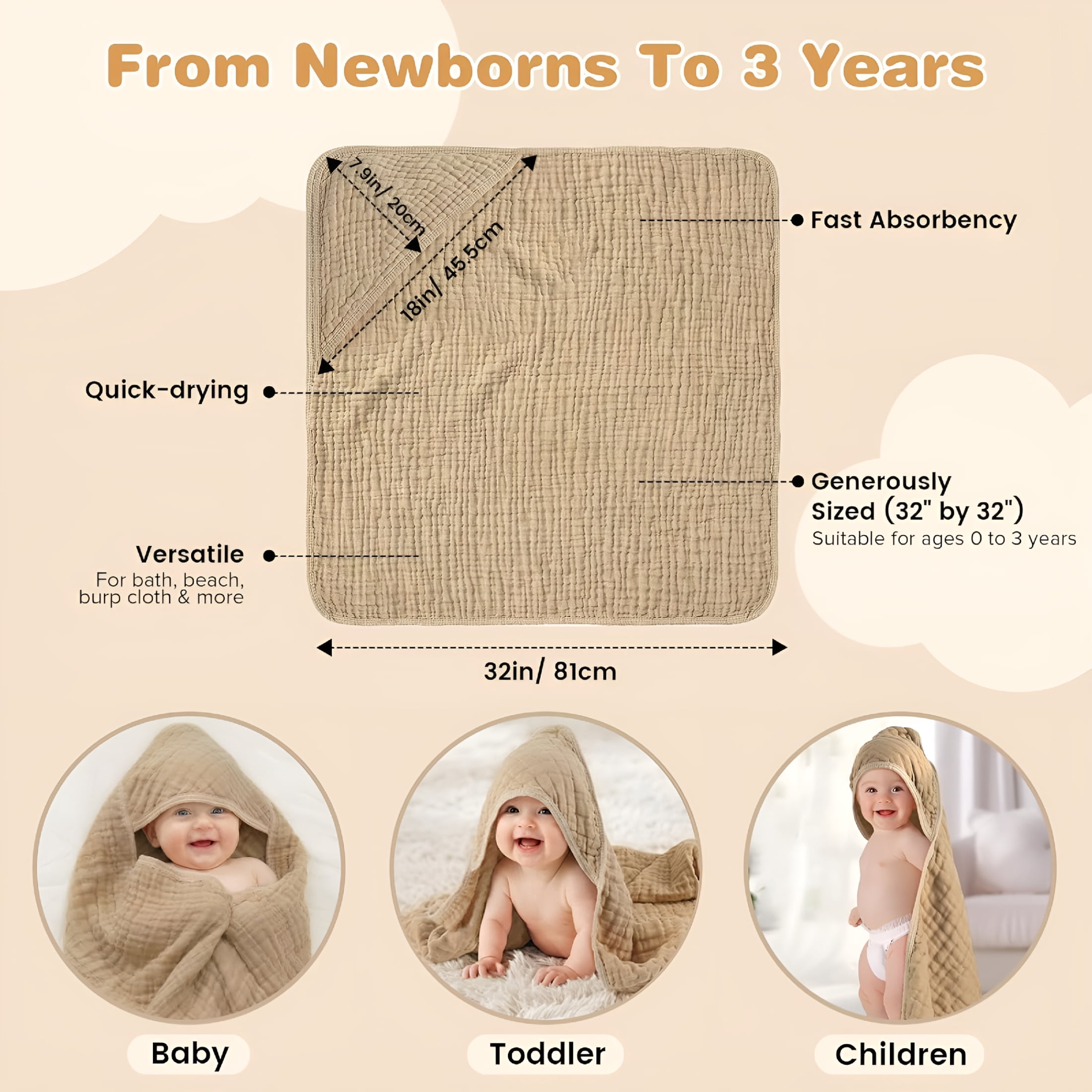 ARLAJO Hooded Baby Bath Towels for Newborn,2 Pack - 6-Layer 100% Muslin Cotton,Soft Absorbent Baby Towels with Hood for Babies,Infants & Toddlers,Large 32X32 Inch Unisex Newborn Baby Bath Essentials