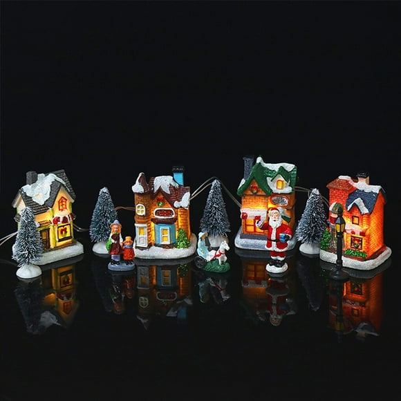 Langgg 13 Pieces Merry Christmas Village Set Warm Figurines Luminous LED Art Craft House Collection Room Decor Resin Ornament