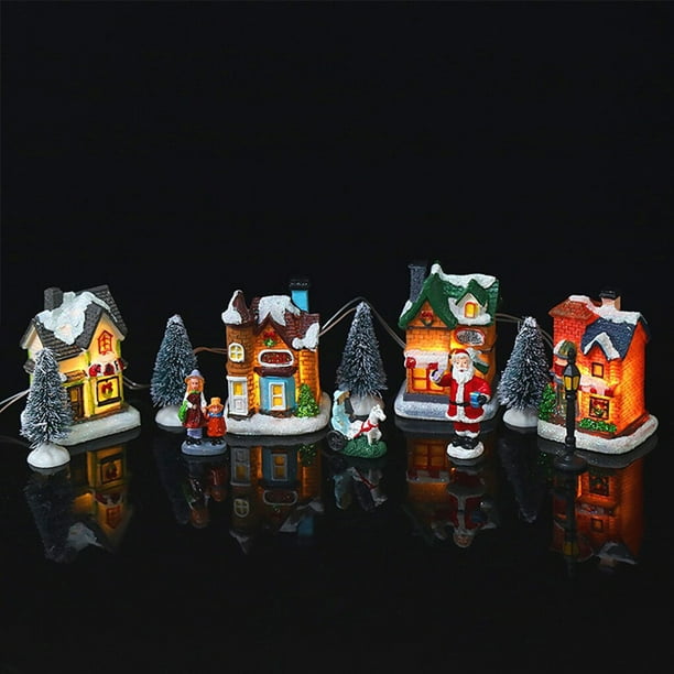 Langgg 13 Pièces Joyeux Village de Noël Ensemble de Figurines Chaudes Lumineuses LED Art Artisanat Maison Collection Décor de la Salle de Résine Ornement