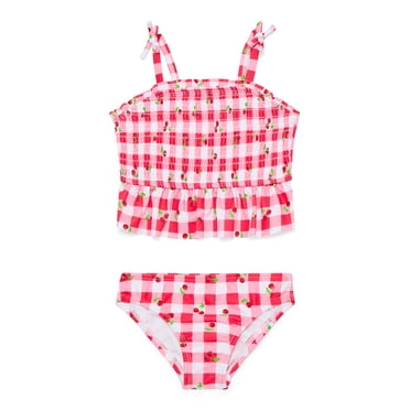 Wonder Nation Baby and Toddler Girl Ruffle Swim Cherry Plaid Tankini, 2-Piece, Sizes 12M-5T