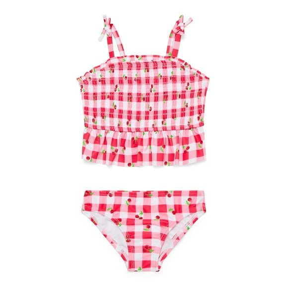 Wonder Nation Baby and Toddler Girl Ruffle Swim Cherry Plaid Tankini, 2-Piece, Sizes 12M-5T