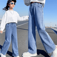 thumbnail image 2 of Kids Girls Denim Trouser Straight Wide Leg Jean Elastic High Waisted Solid Color Dressy Casual Jeans, 2 of 3