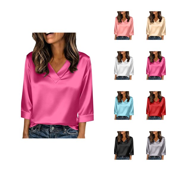 3/4 Length Sleeve Womens Tops 2026 Trendy Satin V Neck Loose Dressy Casual Office Tshirt Womens Blouses