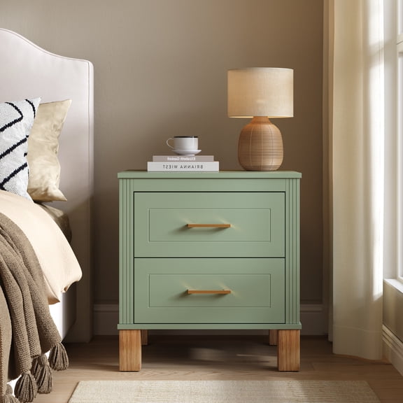Leumius Nightstand for Bedroom,Wood Bedside Table with 2 Drawer & Solid Wood Legs,Small Storage Cabinet for Living Room,Green