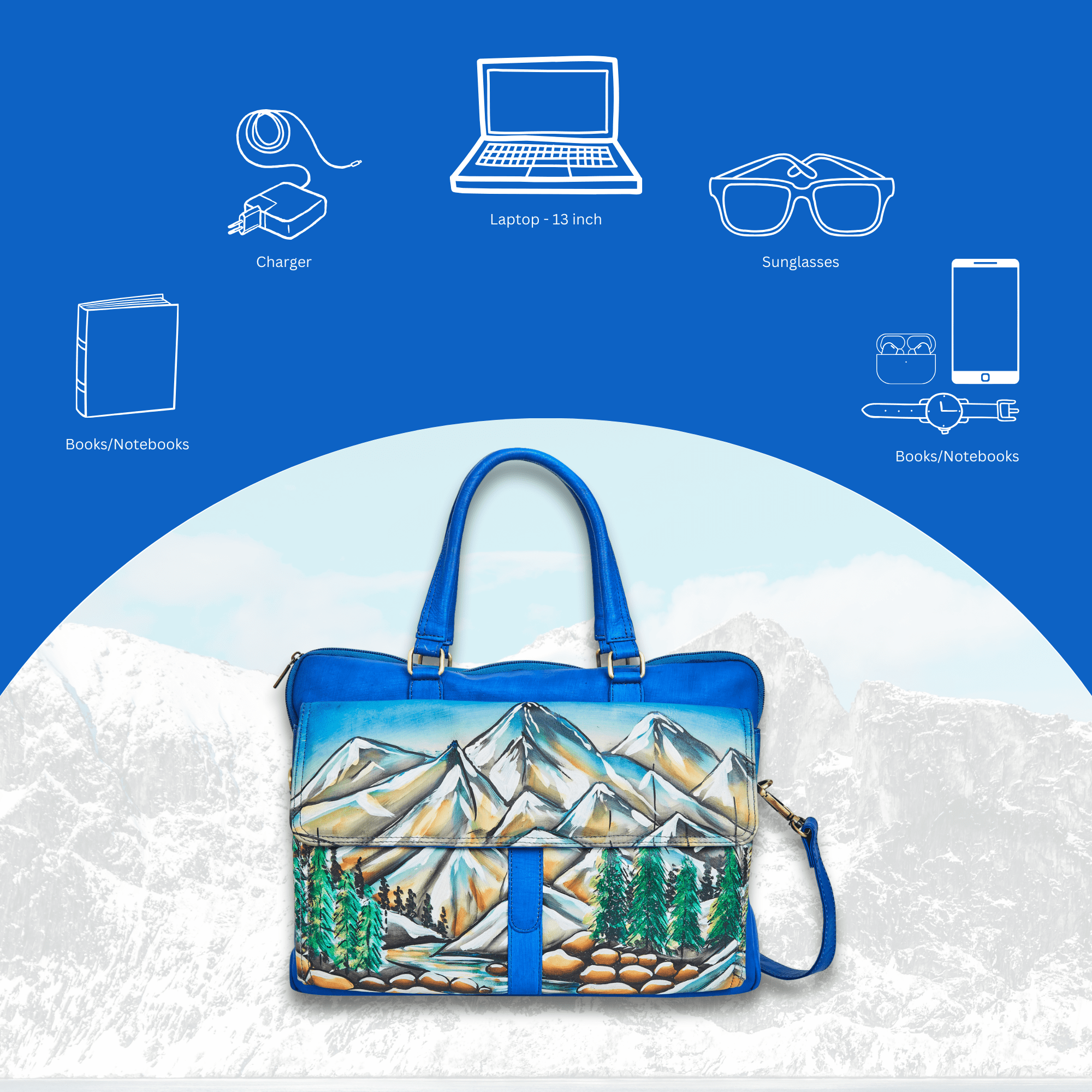 Sishka Womens Hand-Painted Leather Ladies Bags – Mountain Artwork Business Laptop Bag, Stylish Shoulder Briefcase for Women