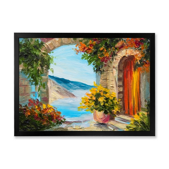 Designart 'House With Colorful Flowers Near The Sea Summer Season' Nautical & Coastal Framed Art Print