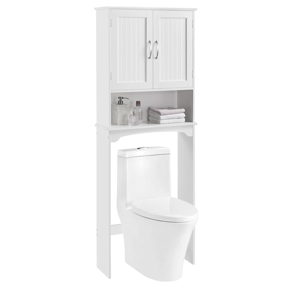YAHEETECH Over The Toilet Bathroom Organizer White Wooden Modern Space Saver Storage Cabinet with Adjustable Shelf and Glass Door 