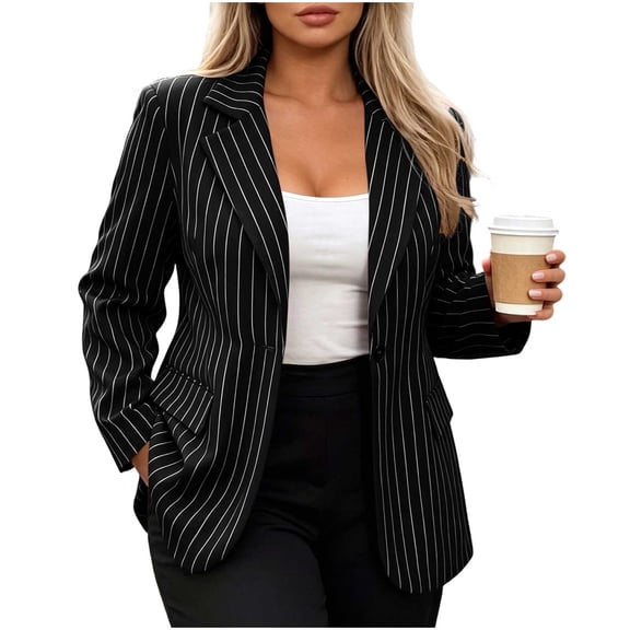 Striped Blazer for Women Plus Size Casual Business Jackets Long Sleeve Notched Lapel One Button Blazers Spring Fall Coat with Pockets