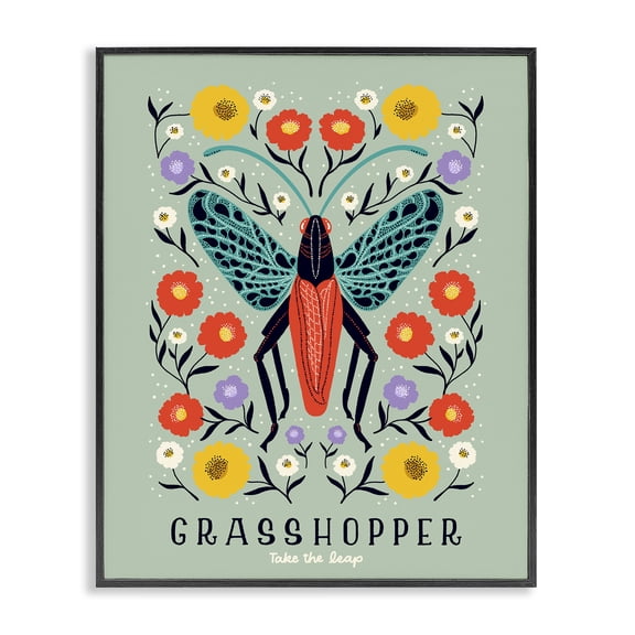Stupell Industries Eclectic Symmetrical Grasshopper with Blooms Black Framed Giclee Art, 11 x 14, by Indira Prieto | IndySign