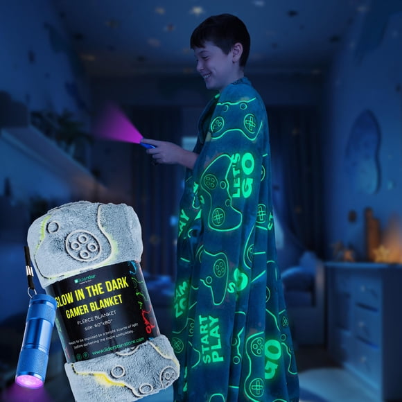 Glow in The Dark Gamer Blanket - 60 x 80 inch, Soft Cozy Kids Throw Blanket-Gaming Room Decor for Bedroom, Video Game Gift for Ad