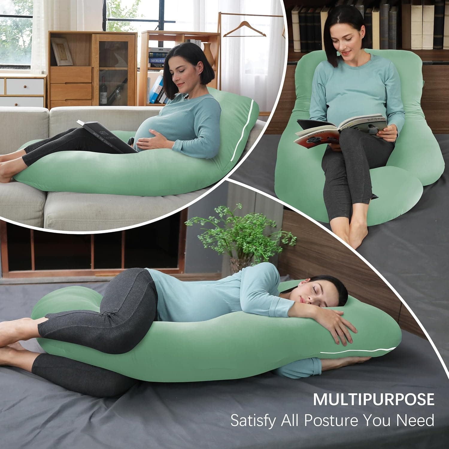 Pregnancy Pillows for Sleeping - U Shaped Full Body Maternity Pillow with Removable Cover - Support for Back, Legs, Belly, HIPS - 65 Inch - Green - Cooling Cover
