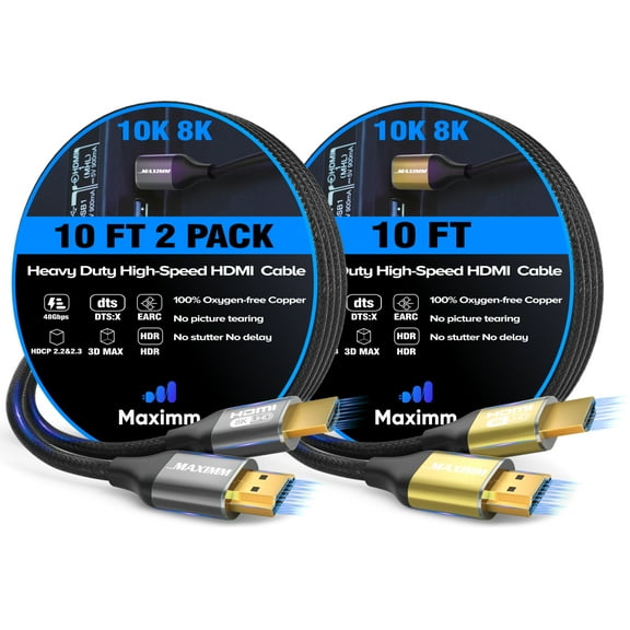 Maximm 8k Hdmi Cable 10ft,HDMI 2.1 Cable, Hdmi Cord Long Hdmi Cable 10 ft, Ultra High Speed Hdmi Cable, 8k 60 HZ (10 Ft, 2 Pack)
