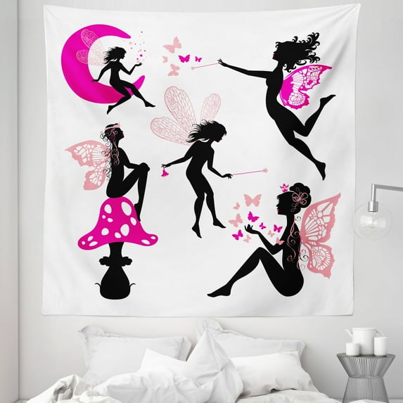 Tale Tapestry, Girl Silhouettes Sitting on Moon Mushroom Winged Dreamy Cartoon, Fabric Wall Hanging Decor for Bedroom Living Room Dorm, 5 Sizes, Hot Pink Rose Black, by Ambesonne