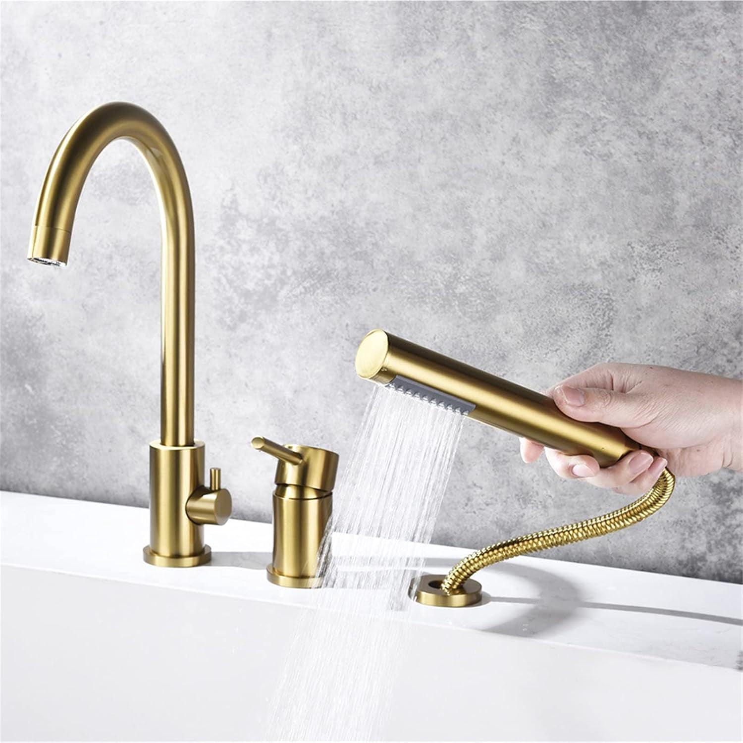 Modern Bathroom Faucet, 3 Holes Single Handle Bathtub Filler Faucet with Handheld Shower Waterfall Spout,Matte Black